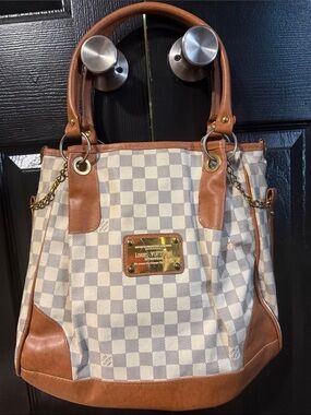 Louis Vuitton Damier Azur Canvas Tote with Brown Leather Trim
